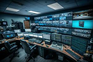 Security Control Room with Multipoke Computer Screens Showing Surveillance Camera Footage Feed. High-Tech Security. Neural network AI generated photo