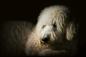 Portrait of a poodle dog on a black background. Neural network AI generated photo