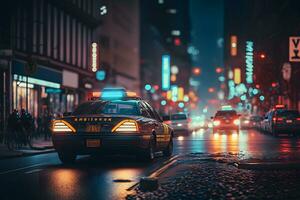 Police car in a rainy night city. Neural network AI generated photo