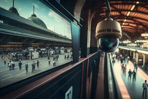 CCTV Camera Operating on train station platform. Neural network AI generated photo