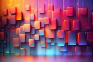 Abstract background with neon holographic square elements. Neural network AI generated photo