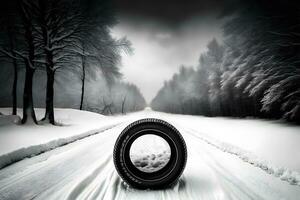 Winter tire on ice. Neural network AI generated photo