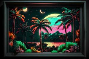 Synthwave neon landscape with palm trees and sunset. Retro style background. Neural network AI generated photo