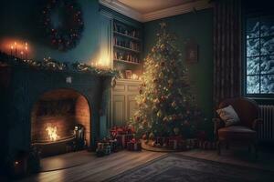 Beautiful cozy Christmas interior with a fireplace. Neural network AI generated photo