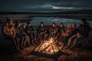 A group of people by the fire. Neural network AI generated photo