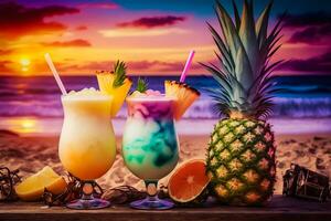 nice fresh exotic cocktails, served on the beach. Neural network AI generated photo