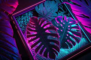 Colorful nature concept, Neon colorful of tropical leaves with neon frame, Leaf of plant, Creativity and design. Neural network AI generated photo