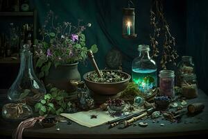 Witchcraft magical still life with alchemical bottles. Neural network AI generated photo