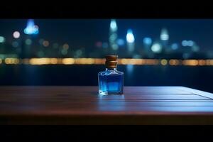 Perfume bottle on the background of the night neon city. Neural network AI generated photo