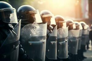 Low angle of anonymous police soldiers in protective uniforms and helmets standing against squad van and defending by riot shields. Neural network AI generated photo