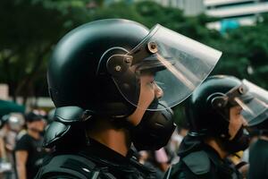 Low angle of anonymous police soldiers in protective uniforms and helmets standing against squad van and defending by riot shields. Neural network AI generated photo