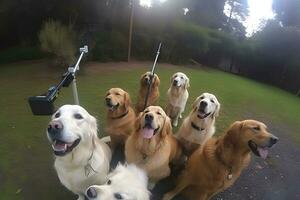 linda beagle mirando a el cámara mientras tomando un selfie con otro beagle y un doguillo. neural red ai generado foto