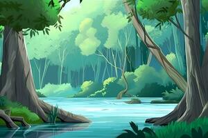 bosque río paisaje en dibujos animados estilo. neural red ai generado foto