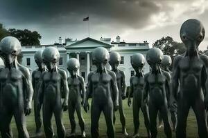 Aliens at the White House. Neural network AI generated photo