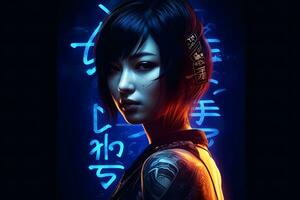Cyberpunk portrait. Future people. Asian girl. Neural network AI generated photo