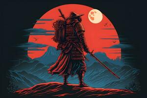samurai guerrero en el antecedentes de el Luna. dibujos animados fantasía. neural red ai generado foto