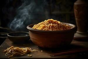 negro cuenco con chino tallarines jiangsu cocina. neural red ai generado foto