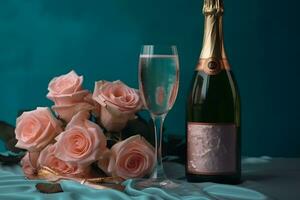 Champagne and roses elegant background. Neural network AI generated photo