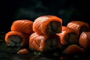 Sushi roll with salmon and shrimp tempura. Neural network AI generated photo