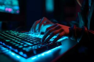 Hacker uses keyboard, shakes buttons with fingers to crack password. Internet security concept, cyber attack. Neon blue color. Neural network AI generated photo
