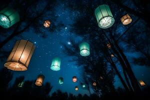 A large group of chinese flying lanterns. Neural network AI generated photo