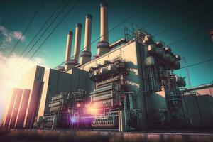 Power plant with transformers futuristic. Neural network AI generated photo