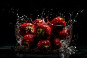 Strawberries and splashes of water on a black background. Neural network AI generated photo
