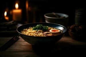 Japanese ramen soup with chicken, egg, chives and sprout on dark wooden. Neural network AI generated photo