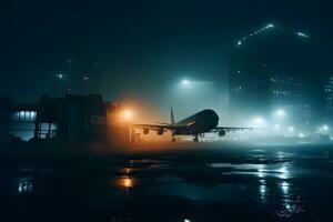 Airplane at the airport at night in the rain. Neural network AI generated photo
