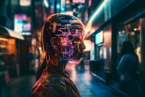 Cyber man in the neon city of the future. Neural network AI generated photo