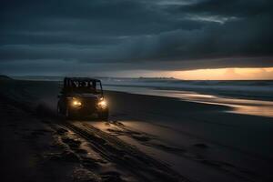 buggy car and northern lights beach. Neural network AI generated photo