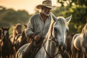 retrato mayor hombre en vaquero sombrero lado de caballo montando en montaña camino. neural red ai generado foto