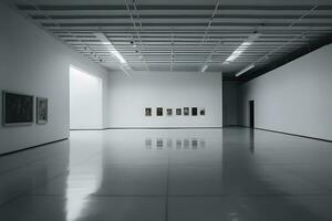 White gallery room interior. Neural network AI generated photo