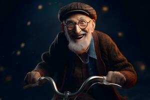 Funny cheerful grandfather on a bike. Neural network AI generated photo