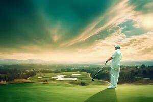 golf jugador en el campo. neural red ai generado foto