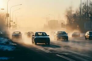 aire contaminación desde el cansada de carros en el ciudad durante el frío día, ambiental contaminación en el ciudad. neural red ai generado foto