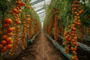 Growing tomatoes in a greenhouse. Neural network AI generated photo