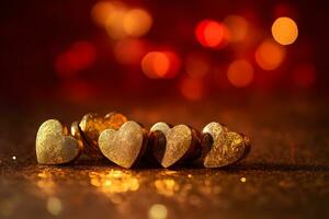 Gold hearts, glitters and bokeh background. Neural network AI generated photo