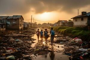 Dirt road on the street in Africa, children are walking. Neural network AI generated photo