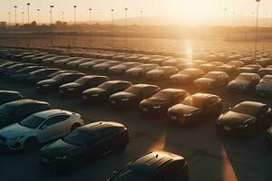 Car park at the end of the day. Car Dealer Inventory. Neural network AI generated photo