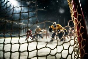 hielo hockey portero jugador en objetivo en acción. neural red ai generado foto
