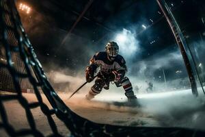 hielo hockey portero jugador en objetivo en acción. neural red ai generado foto
