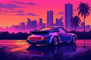 Futuristic retro wave synth wave car. Retrowave style. Neural network AI generated photo