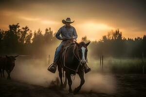 Cowboy on horse lassoing bull, Neural network AI generated photo