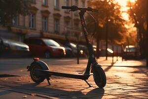 eléctrico scooter en el calle, puesta de sol tiempo. neural red ai generado foto