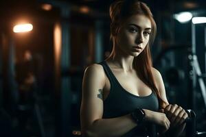 Portrait of an athlete girl in the gym. Neural network AI generated photo