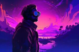 Man in virtual reality glasses in neon synthwave style. Neural network AI generated photo