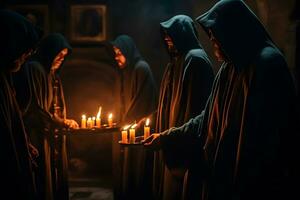 Ritual of medieval priests with candles in the temple. Neural network AI generated photo