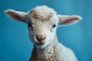 Cute white sheep on a blue background. Neural network AI generated photo