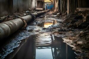 roto tubo ese fugas agua, agua fuga desde público consumo tubo. neural red ai generado foto